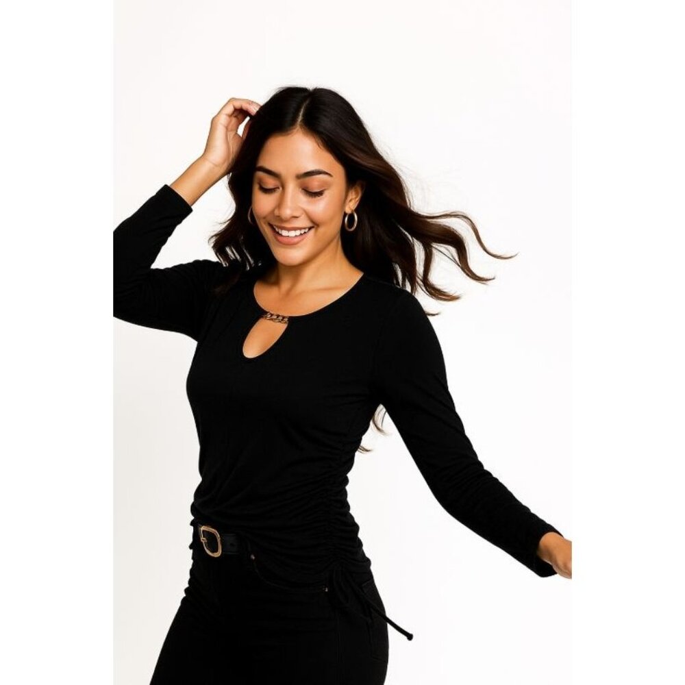 Fever Size M  Womens  Long Sleeve Ruched Top With Chain Detail Black